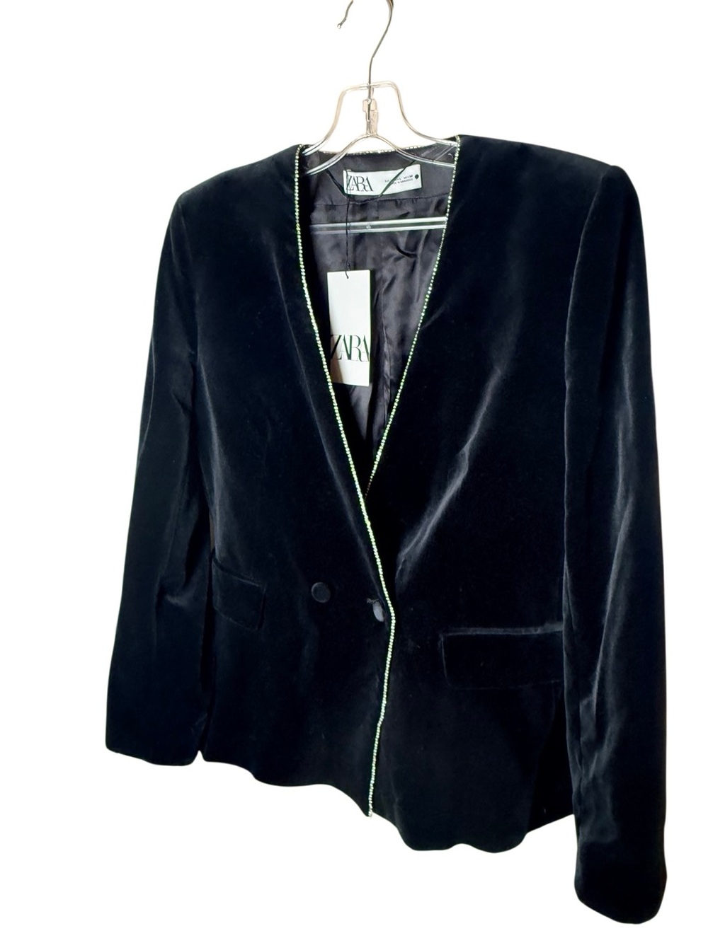 NWT Zara Black Velvet Blazer with Silver rhinestone Piping size Large - Picture 4 of 9